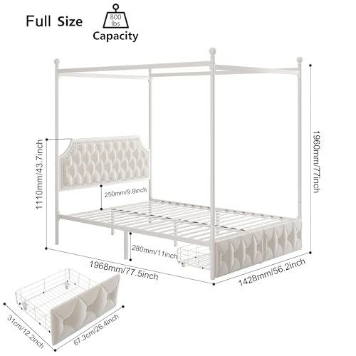 Upholstered Canopy Bed Frame with 2 Drawer and Button Tufted Headboard