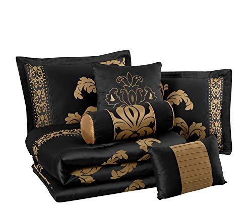 7-Piece Jacquard Floral Comforter Set (Queen, Navy/Gold)