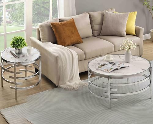 Coffee Table, Marble Stone Silver Living Room Table Modern Round