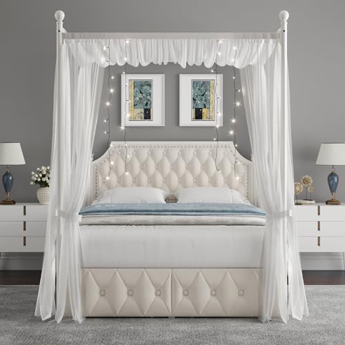 Upholstered Canopy Bed Frame with 2 Drawer and Button Tufted Headboard