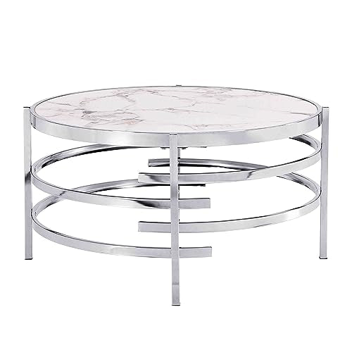 Coffee Table, Marble Stone Silver Living Room Table Modern Round