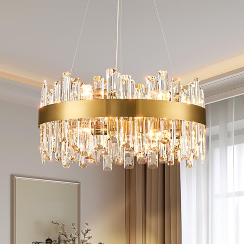 12 Lights Brass Gold Raindrop Crystal Chandelier Lighting, Adjustable Hanging Pendant