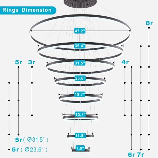 39.37" Larger Chandelier for High Ceilings, 7 Ring Dimmable with Remote