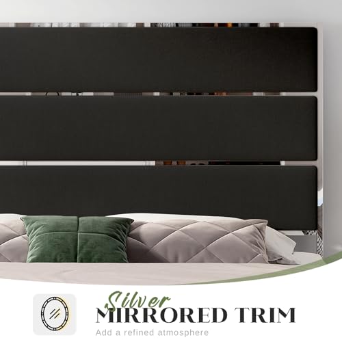 Velvet Upholstered Platform Bed with Channel Tufted and Silver Trim