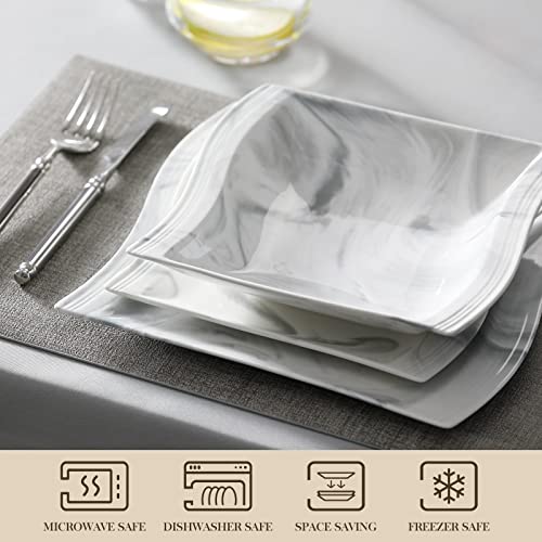 Dinnerware Sets, 12-Piece Porcelain Plates and Bowls Sets, Square Marble