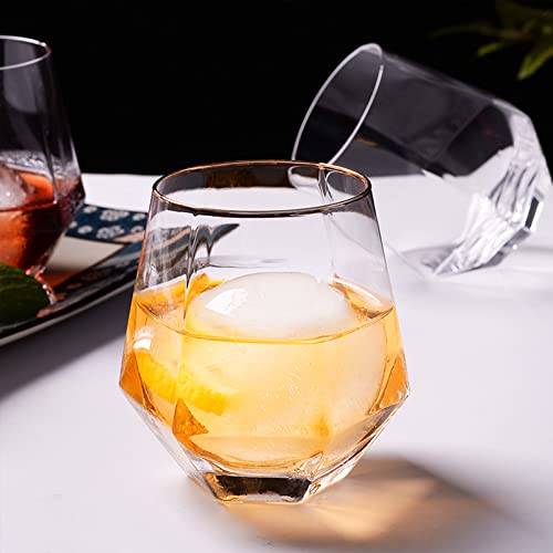 Diamond Wine Glass Set of 2, 10 OZ Modern Stemless Gold Rim