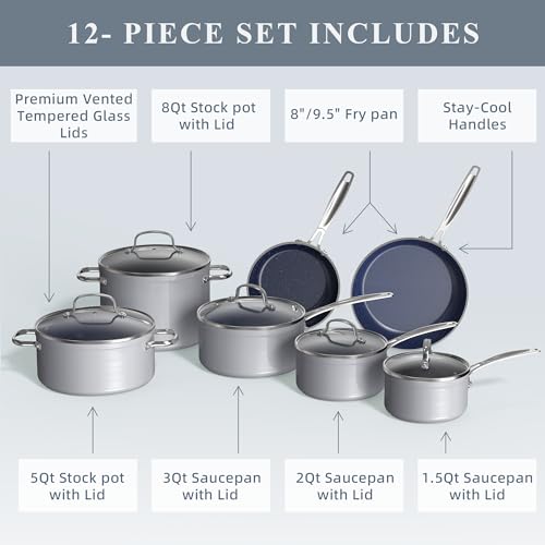 Ceramic Nonstick Cookware Set, Diamond Infused Scratch-Resistant