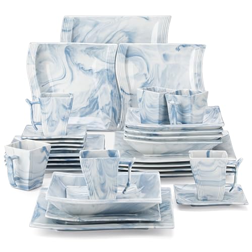 Dinnerware Sets, 12-Piece Porcelain Plates and Bowls Sets, Square Marble