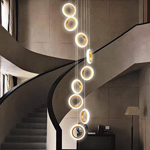 Gold Staircase Hanging 12 Ring Long Led Chandelier Dimmable with Remote Controller