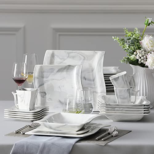 Dinnerware Sets, 12-Piece Porcelain Plates and Bowls Sets, Square Marble