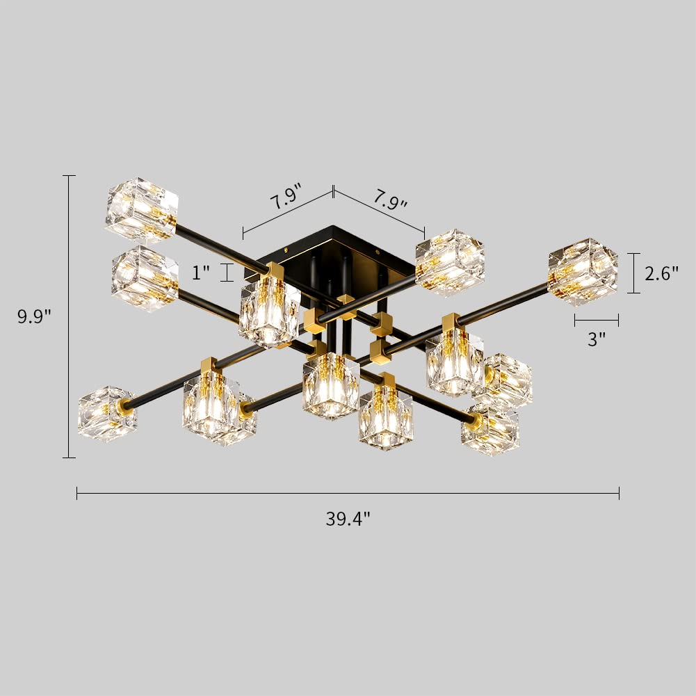 13-Lights Modern Crystal Living Room Light Fixture, Black and Gold