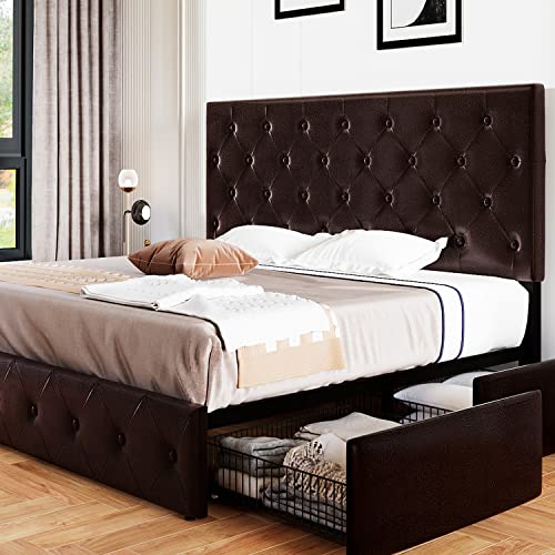 Upholstered Platform Bed Frame with 4 Storage Drawers and Headboard