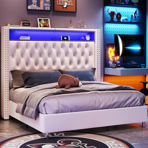 LED King Size Bed Frame and Headboard with Charging Station Velvet Upholstered