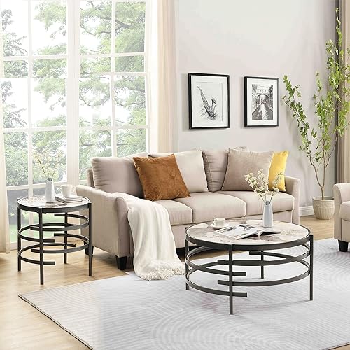 Coffee Table, Marble Stone Silver Living Room Table Modern Round