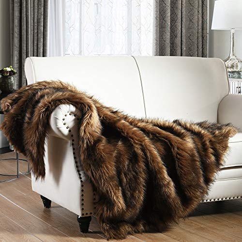 Luxury Plush Faux Fur Blanket King Size, Long Pile Brown with Black