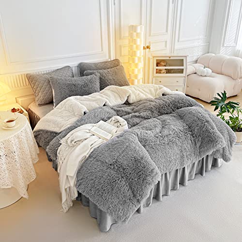 Gray Faux Fur Comforter Set Full/Queen 3 Pieces Bedding Set