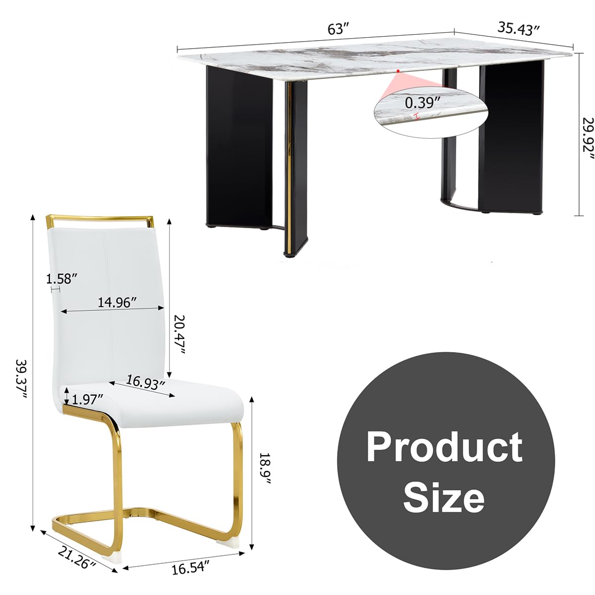 Dining Table Set for 6, White Faux Marble Pattern Table with 6 Modern Dining Chairs