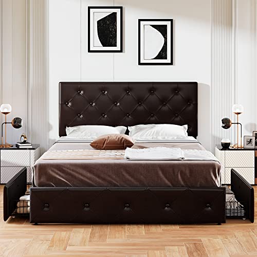 Upholstered Platform Bed Frame with 4 Storage Drawers and Headboard