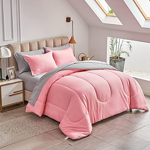 Twin Pink Comforter Set Bed in a Bag with Gray Sheet Set Reversible Soft