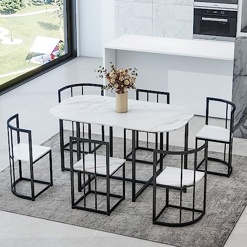 7-Piece Space-Saving Dining Set for 6 with Faux Marble Top, Metal Frame