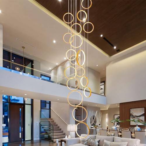 Gold Staircase Hanging 12 Ring Long Led Chandelier Dimmable with Remote Controller