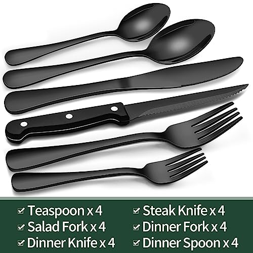 24-Piece Black Silverware Set with Steak Knives, Black Flatware Set for 4