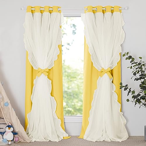 Blackout Window Treatment Double Layer Drapes Ruffle Sheer Overlay 2 Panels