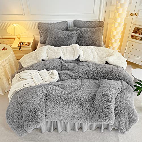 Gray Faux Fur Comforter Set Full/Queen 3 Pieces Bedding Set