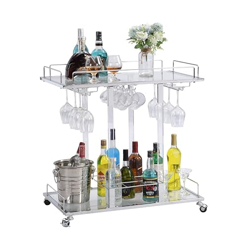 Silver Bar Cart Home Bar Serving Cart with Wine Rack 2-Tier Acrylic