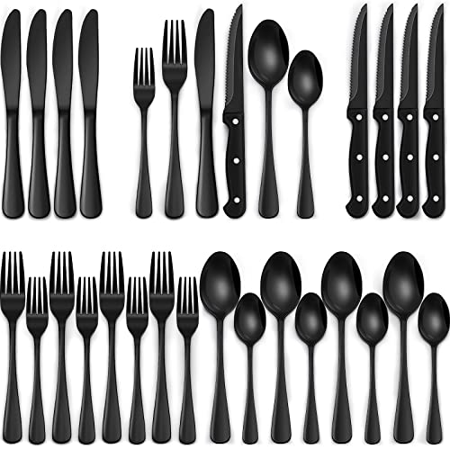 24-Piece Black Silverware Set with Steak Knives, Black Flatware Set for 4