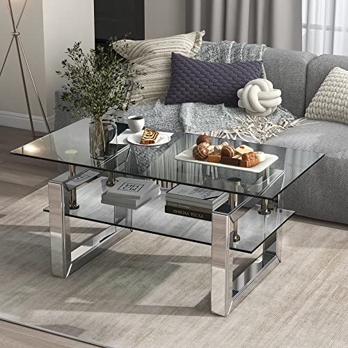 Elegant 2 Tiers of Shiny Silver Mirrored Coffee Table, Crystals Inlay 35 Inches