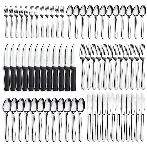 72-Pieces Silverware Sets for 12, Flatware Set with Steak Knives