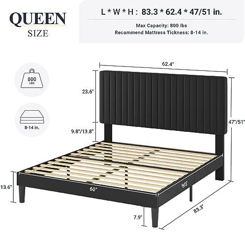 Velvet Upholstered Platform Bed with Adjustable Vertical Channel