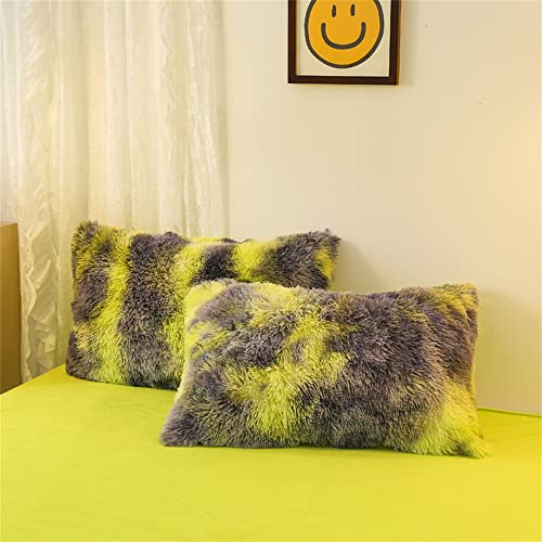 Faux Fur Tie-dyed Green Gray Black Colorful Comforter Sets Queen - 3PC Bed Set