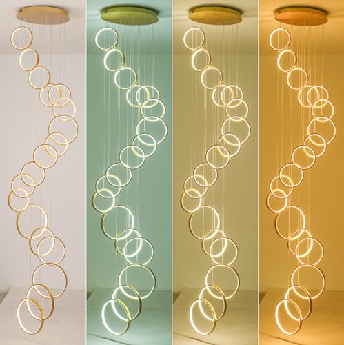 Gold Staircase Hanging 12 Ring Long Led Chandelier Dimmable with Remote Controller