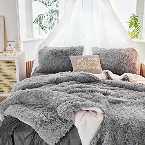 Gray Faux Fur Comforter Set Full/Queen 3 Pieces Bedding Set