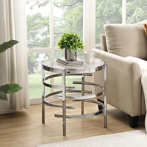 Coffee Table, Marble Stone Silver Living Room Table Modern Round