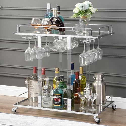 Silver Bar Cart Home Bar Serving Cart with Wine Rack 2-Tier Acrylic