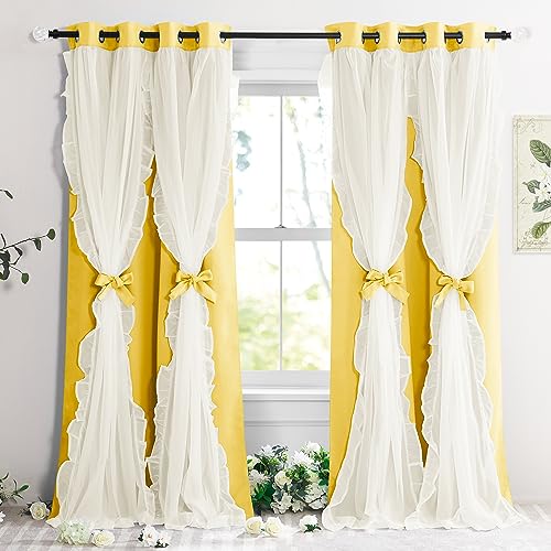 Blackout Window Treatment Double Layer Drapes Ruffle Sheer Overlay 2 Panels