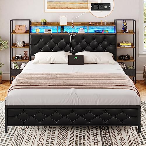 Queen Bed Frame with Storage Headboard and LED Lights