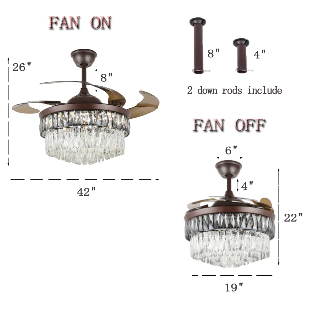 42" Crystal Chandelier Ceiling Fan and Remote, Gold Luxury Fan