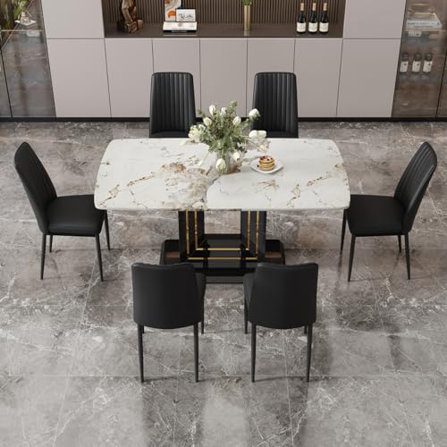 Dining Table Set for 6, White Faux Marble Pattern Table with 6 Modern Dining Chairs