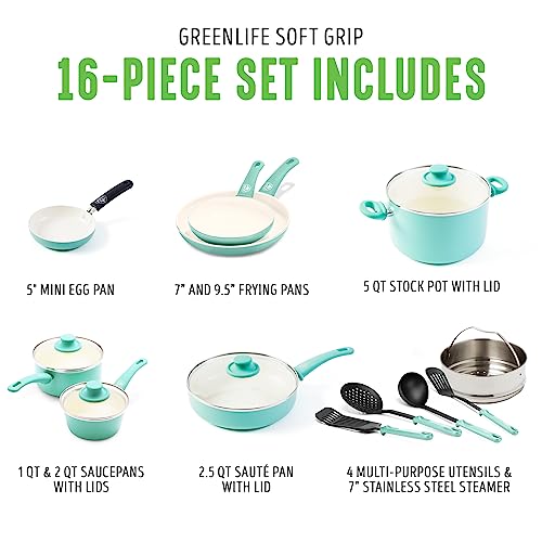 Soft Grip Healthy Ceramic Nonstick 16 Piece Kitchen Cookware Pots and Frying Sauce