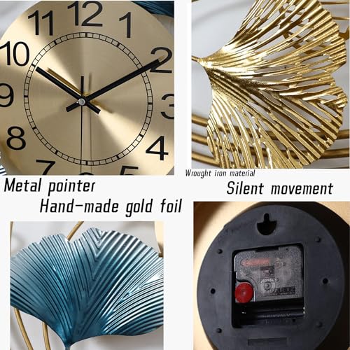 3D Metal Ginkgo Wall Clocks Decorative with Silent Movement Wall Clock