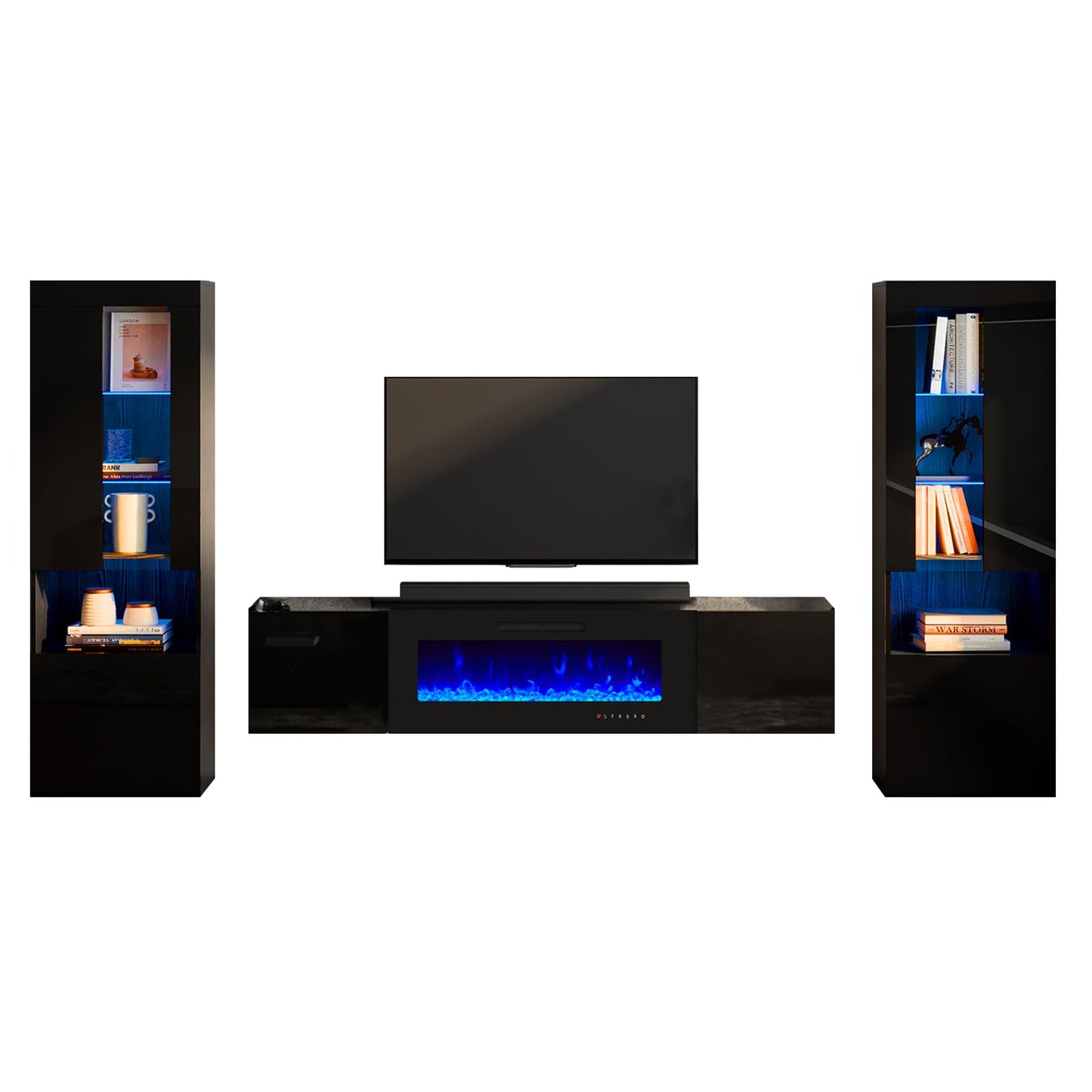 High Gloss Living Room Entertainment Center Including Floating Fireplace