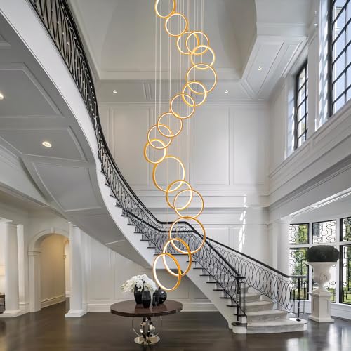 Gold Staircase Hanging 12 Ring Long Led Chandelier Dimmable with Remote Controller