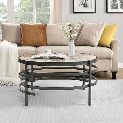 Coffee Table, Marble Stone Silver Living Room Table Modern Round