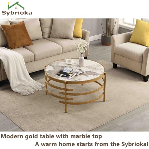 Coffee Table, Marble Stone Silver Living Room Table Modern Round