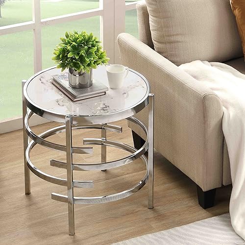 Coffee Table, Marble Stone Silver Living Room Table Modern Round