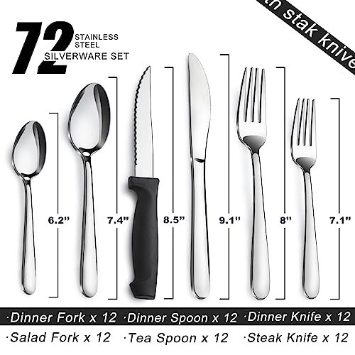 72-Pieces Silverware Sets for 12, Flatware Set with Steak Knives